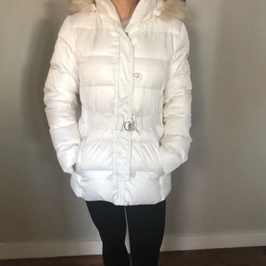 DKNY White Puffer Jacket with Belt